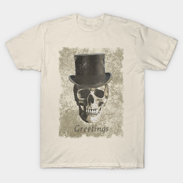 Skull in Top Hat spooky macabre distressed brown T-Shirt by Mazz8 Designs